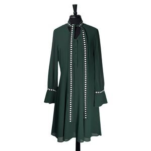 Abbey Glass Women's Dress Green Tie Neck A-Line Career Party Long Sleeve Midi L